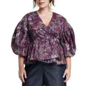 Kika Vargas for Target Purple Floral Puff Sleeve 100% Cotton Wrap Blouse size 3X